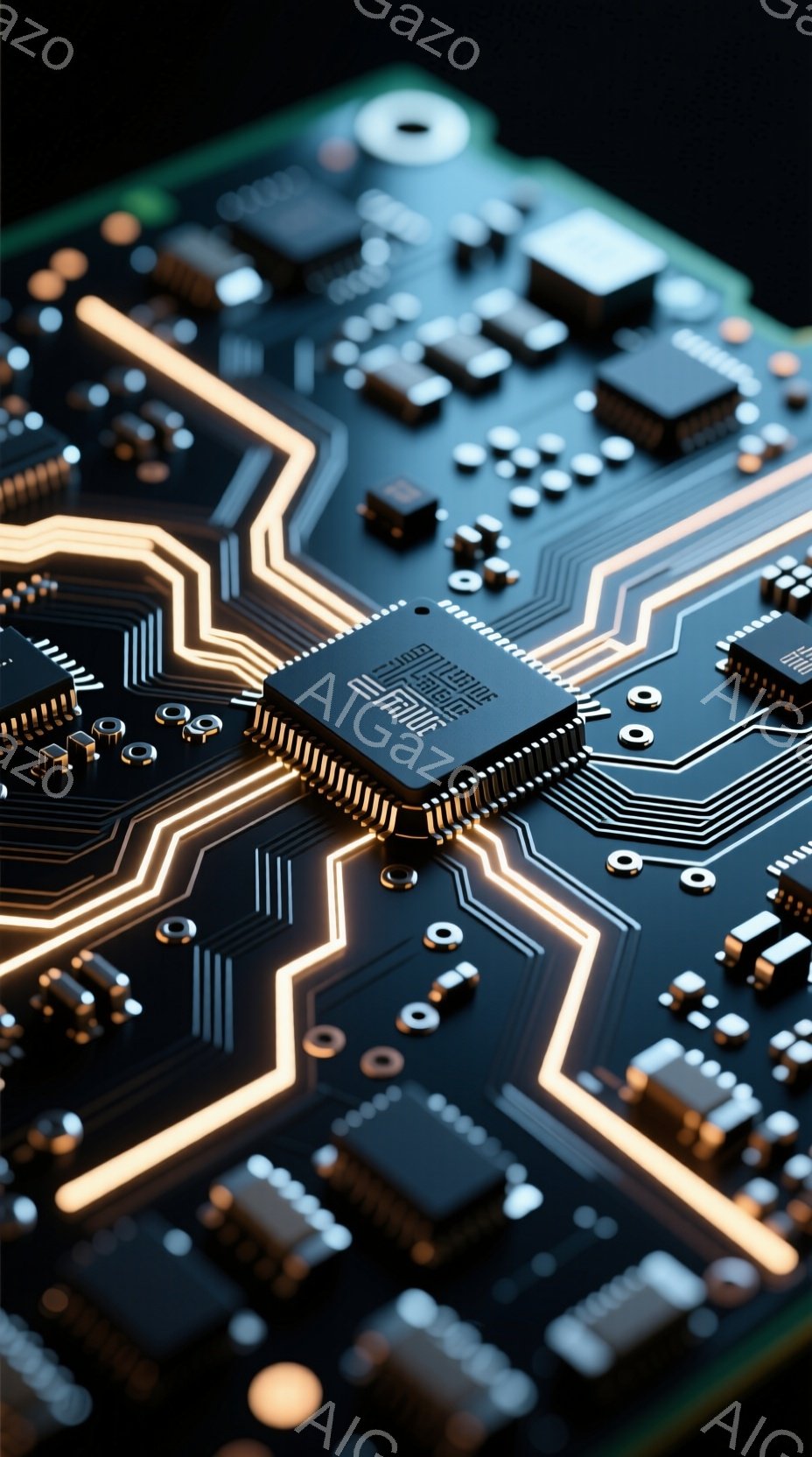 この画像は、複雑な電子回路基板をクローズアップで捉えたものです。黒い基板上に、金色の回路パターンが光り輝き、様々な電子部品が配置されています。中央には、特に大きな集積回路が位置し、先進技術の象徴のように見えます。