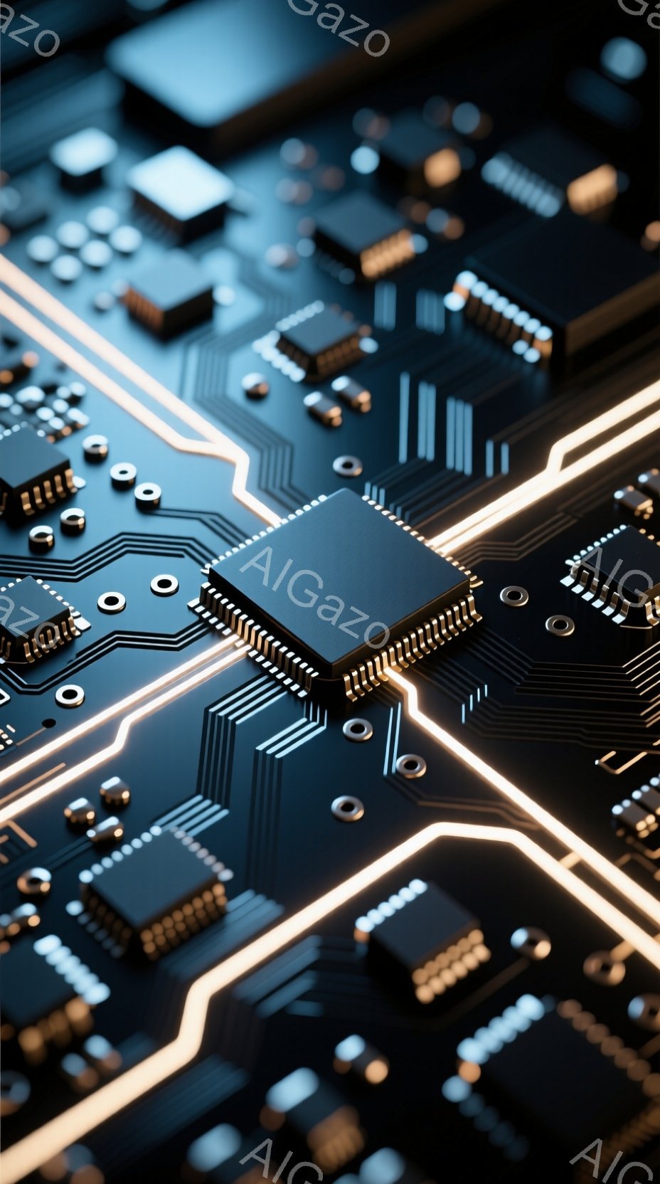 この画像は、複雑な電子回路基板をクローズアップしたもので、鮮やかな青色と金色のラインが特徴的です。様々な電子部品が配置され、特に中央には大きなICチップが光沢を持って配置されています。基板全体が未来的なテクノロジーと精密さを感じさせる雰囲気で、現代的なデジタル世界の象徴として捉えることができます。