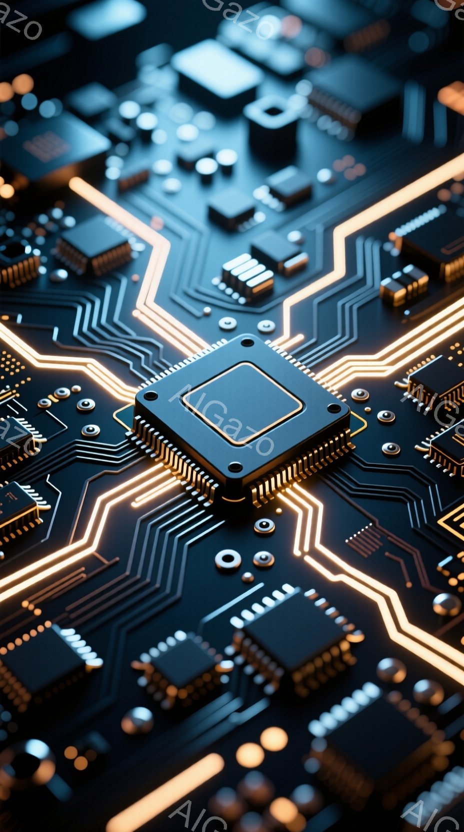 この画像は、複雑な回路基板のクローズアップです。金色のラインが青色の基板上を走り、様々な電子部品が配置されています。全体的に未来的な雰囲気で、高技術やデジタル世界のイメージを喚起します。