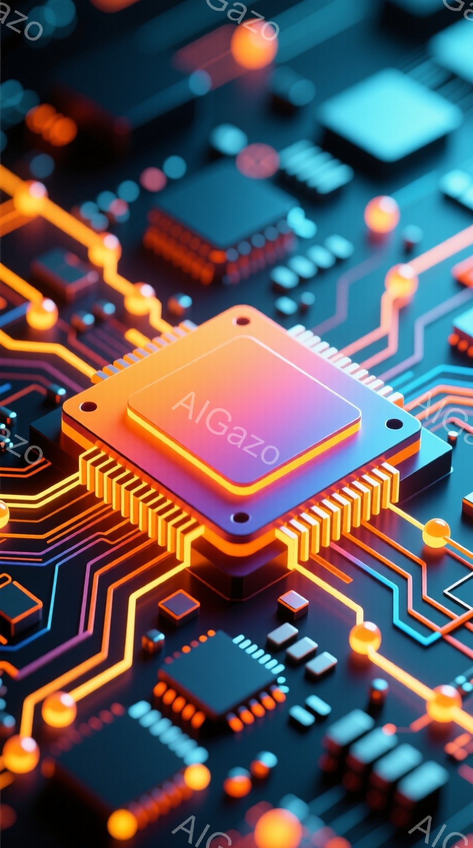 この画像は、鮮やかなオレンジ色の集積回路（ICチップ）を中心としたクローズアップ写真です。ICチップは、複雑な金色の配線が走る濃い青色の基板上に配置されており、高度な技術と未来的な雰囲気を醸し出しています。配線はICチップの端から放射状に広がり、チップの複雑さを強調しています。