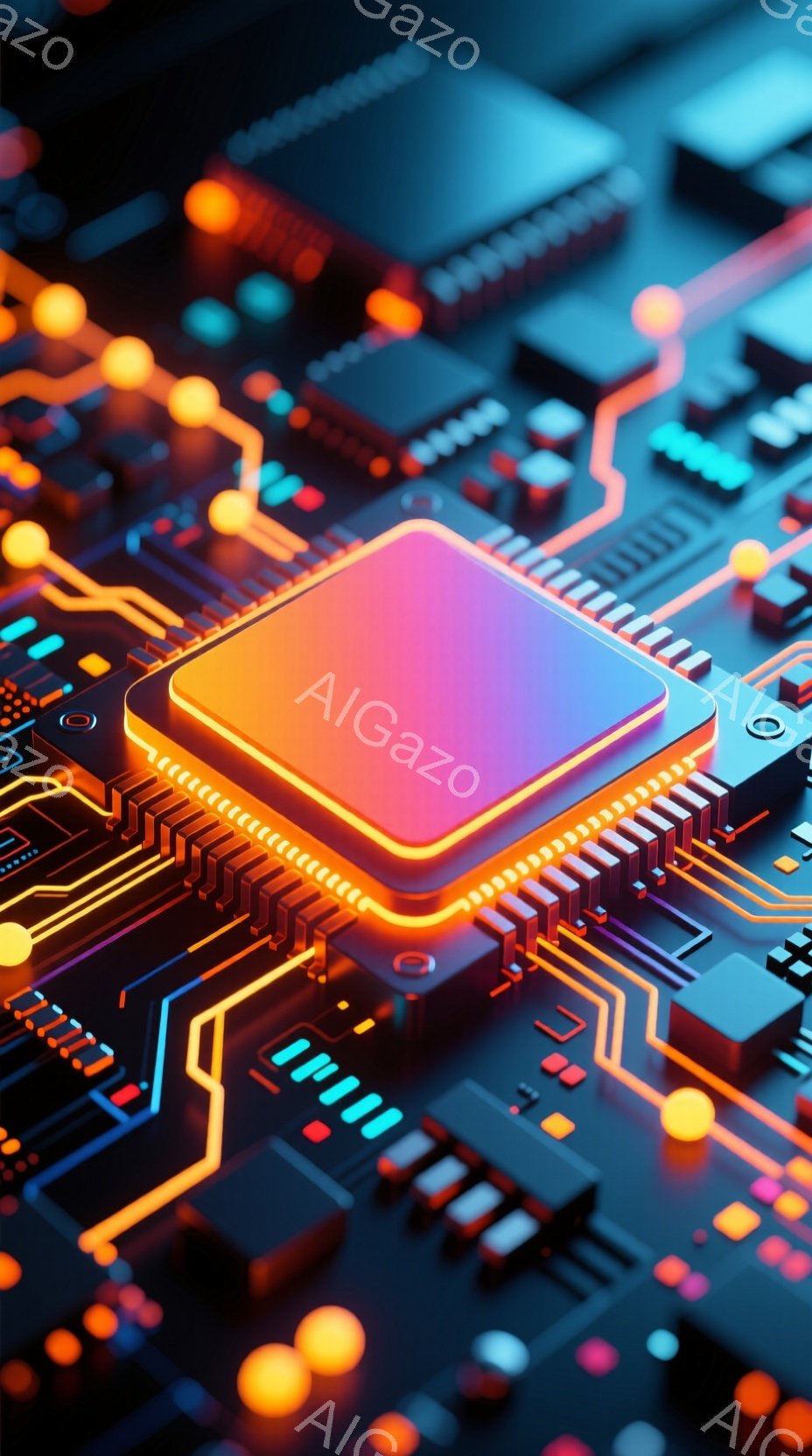 この画像は、複雑な回路基板のクローズアップです。オレンジ色の発光ダイオードが基板の各部品に沿って走る線路を照らし、未来的な印象を与えます。中心には、鮮やかなオレンジ色の光を放つ正方形のチップが配置され、高度な技術と処理能力を象徴しています。