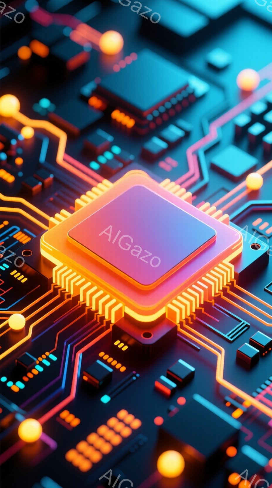 この画像は、複雑な回路基板を背景に、中央に配置された発光するマイクロチップを示しています。鮮やかなオレンジと青の配色が未来的な印象を与え、微細な電子部品が緻密に配置されています。全体的に、高科技、デジタル世界、そして未来への可能性を感じさせるイメージです。