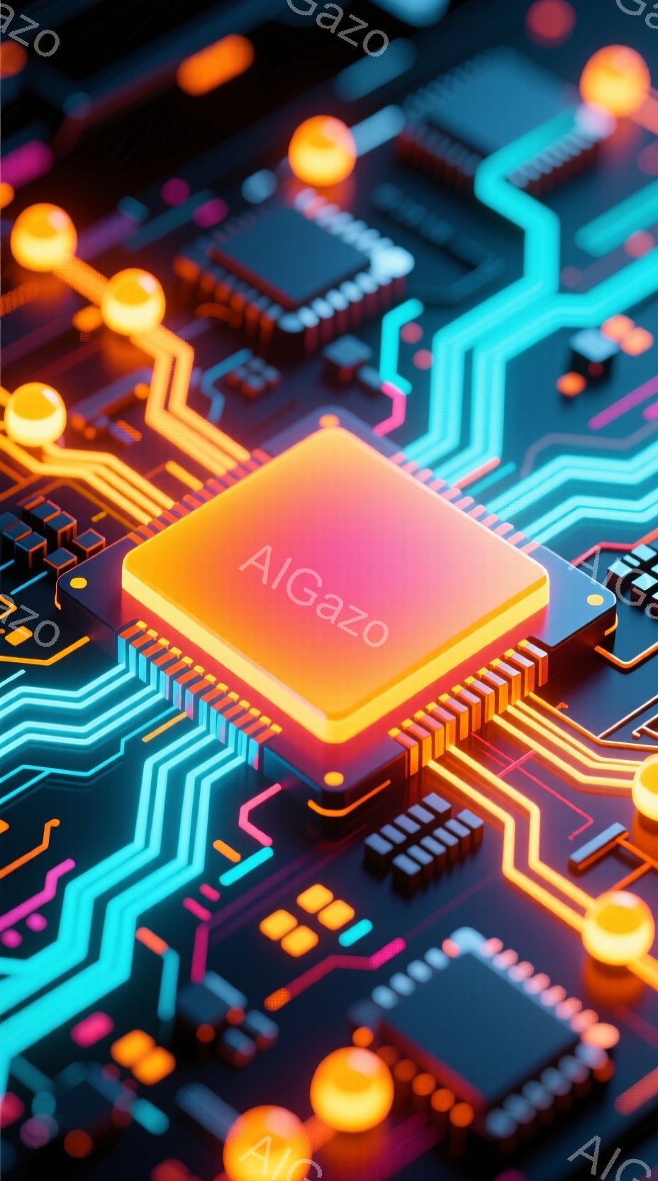 この画像は、鮮やかなネオンカラーの回路基板を捉えています。中央にはオレンジ色の発光するチップが配置され、周囲に青や黄色の細い線が複雑に走っています。全体的に未来的な雰囲気で、技術的な進歩やデジタル世界の表現を想起させます。