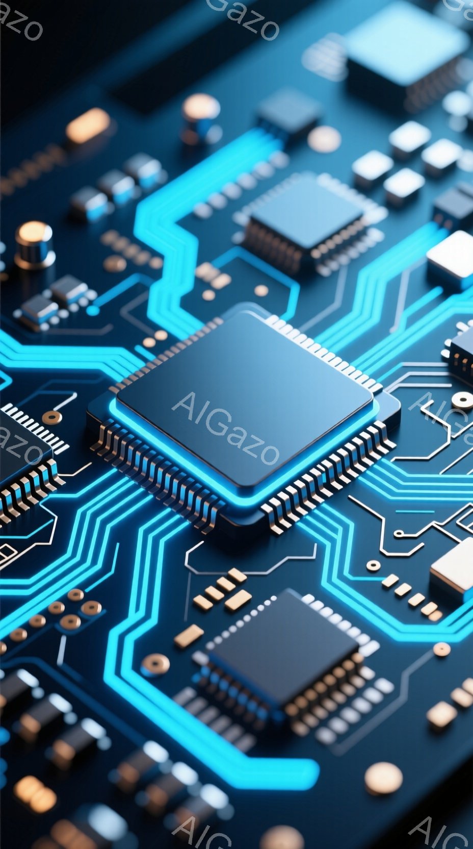 この画像は、複雑な電子回路基板のクローズアップです。青い配線が基板上を走り、様々な電子部品が整然と配置されています。中央には大きなプロセッサチップが位置し、高性能な電子機器の内部構造を示唆しています。