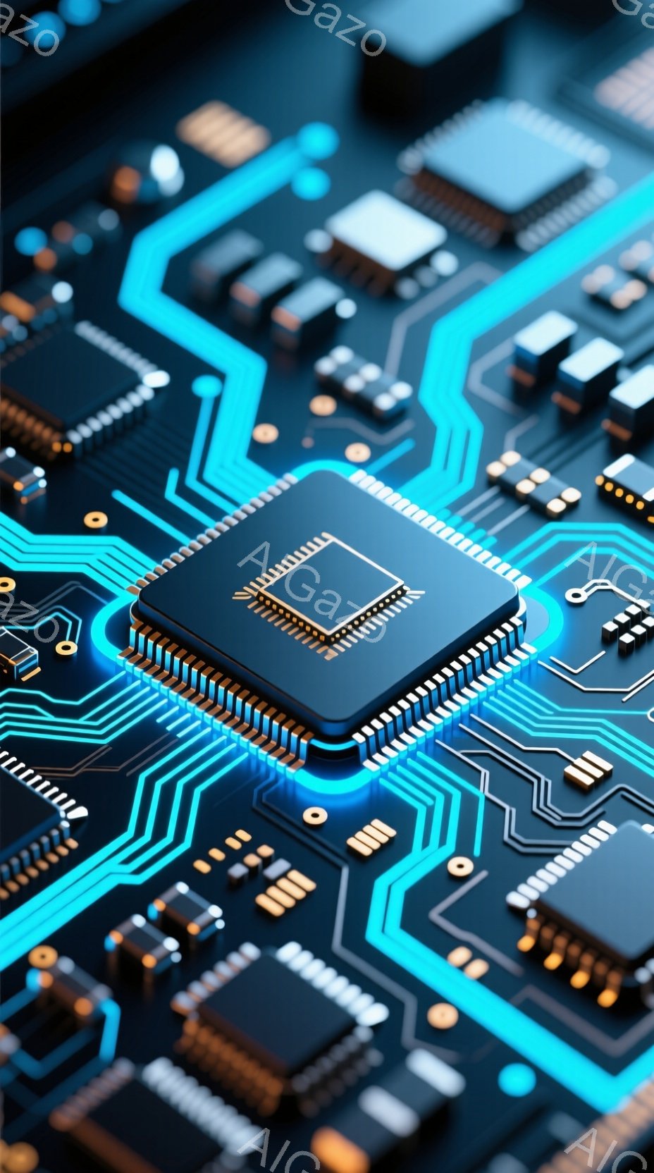この画像は、複雑な電子回路基板をクローズアップしたものです。中央には、光る青いラインで囲まれた黒いICチップが配置され、その周囲に様々な電子部品が密集しています。鮮やかな青色の配線が基板上を走り、高度なテクノロジーと精密さを表現しています。