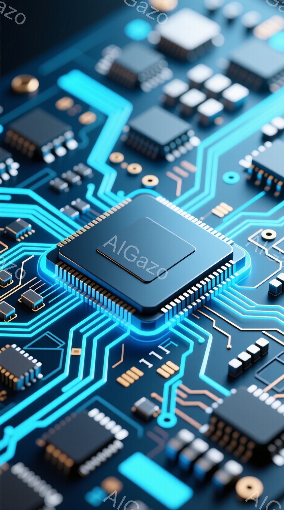 この画像は、青色の回路基板をクローズアップしたものです。中央には、明るい青色の光を放つCPUチップが配置され、周囲に多数の電子部品が整然と並んでいます。全体的に、テクノロジー、精密さ、未来的な雰囲気が - AI生成フリー素材