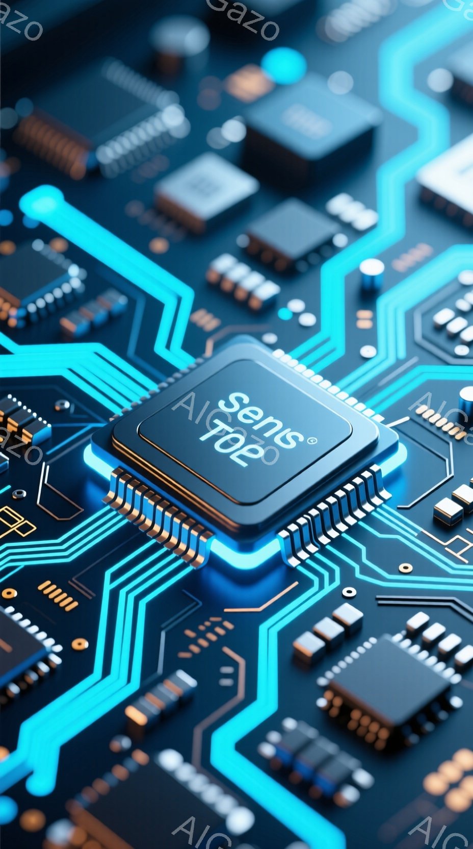 この画像は、鮮やかな青色の回路基板をクローズアップしたものです。様々な電子部品が整然と配置され、現代的な技術と精密さを強調しています。基板中央には「sens」と書かれたチップが配置され、回路全体に活気を与えています。