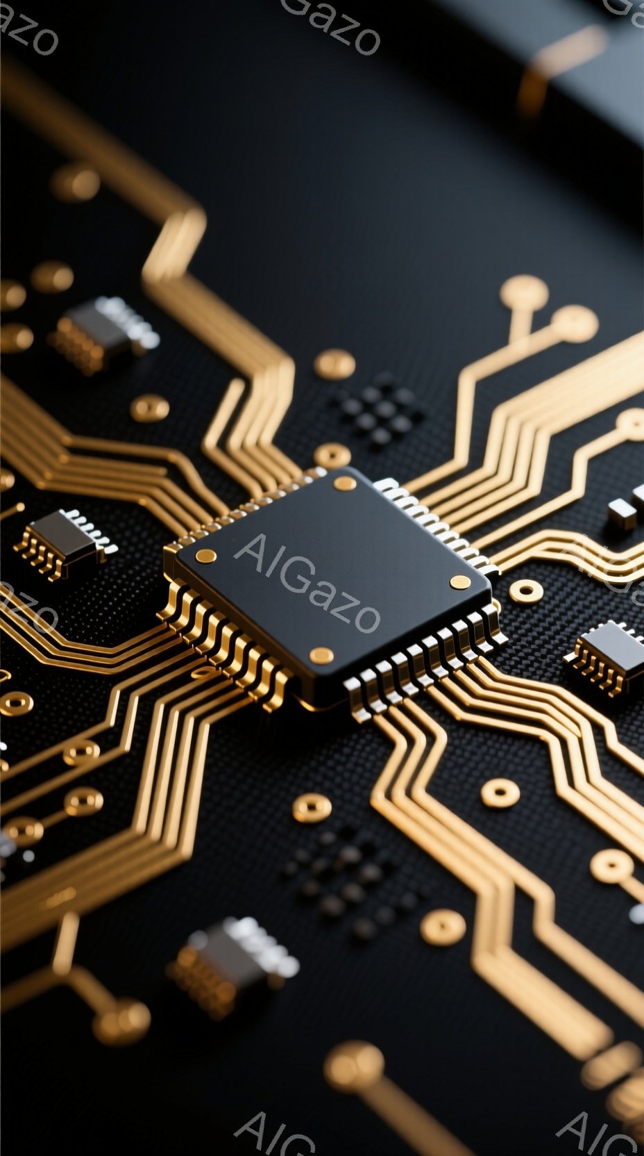 この画像は、黒い背景に金色の配線が複雑に広がり、中央に黒いICチップが配置されています。ICチップは金色のピンが並んでおり、高度な技術や電子機器の内部構造を連想させます。 全体的に洗練された印象で、未来的なテクノロジーを象徴するイメージです。