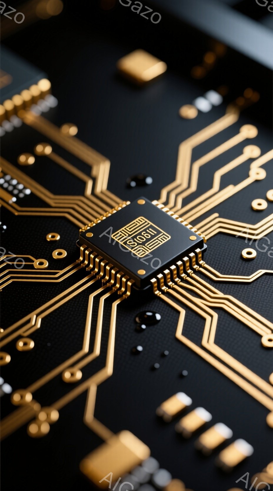 画像は黒い基板上に配置された金色の回路と、中央に配置された黒いICチップを示しています。ICチップには白い文字が刻印されており、回路は複雑なパターンで基板上を走っています。全体的に、テクノロジー、電子機器、精密さを強調した、近未来的な印象を与えます。