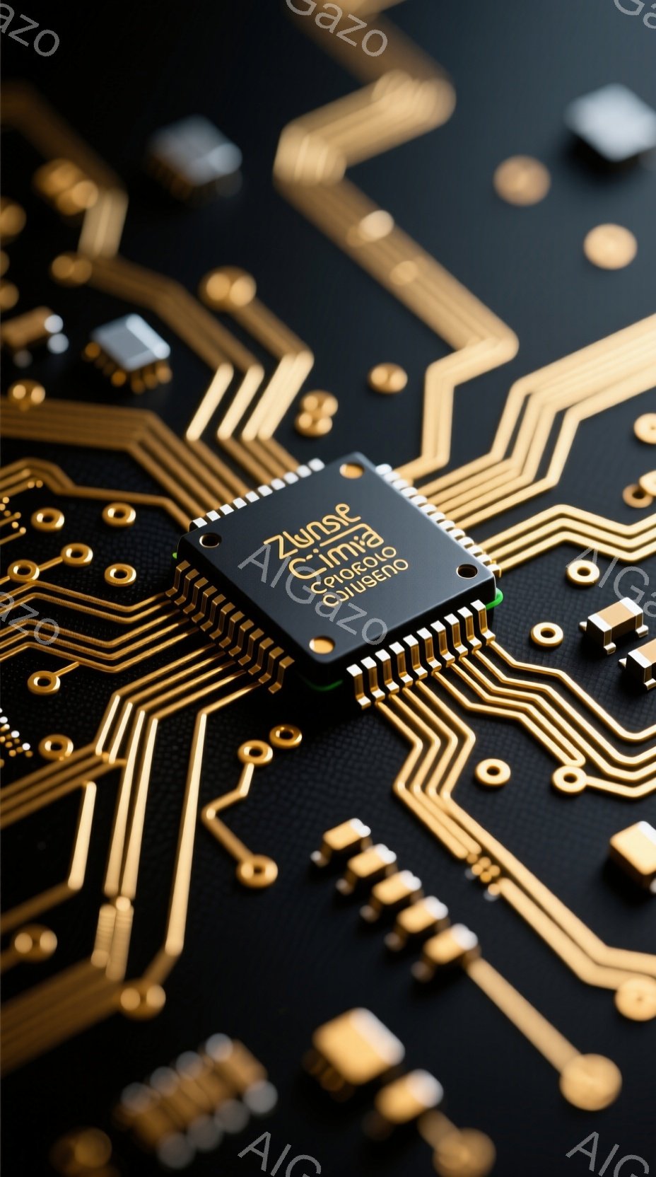黒い背景に金色の回路基板が複雑に配置されています。中央には、黒いチップが取り付けられており、精密な電子部品が密集している様子がわかります。全体的に、未来的でテクノロジーを感じさせる、スタイリッシュな雰囲気です。