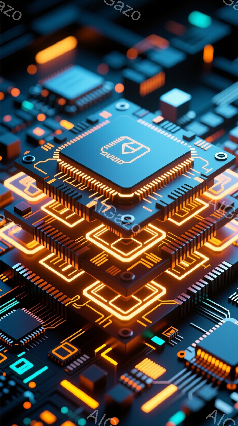 鮮やかなネオンライトで照らされた回路基板が、奥行きのあるパースで表現されている。複雑な配線が幾何学的なパターンを形成し、未来的な都市景観を思わせる光景が広がっている。全体的にクールでテクノロジーを感じさせる雰囲気が漂っている。