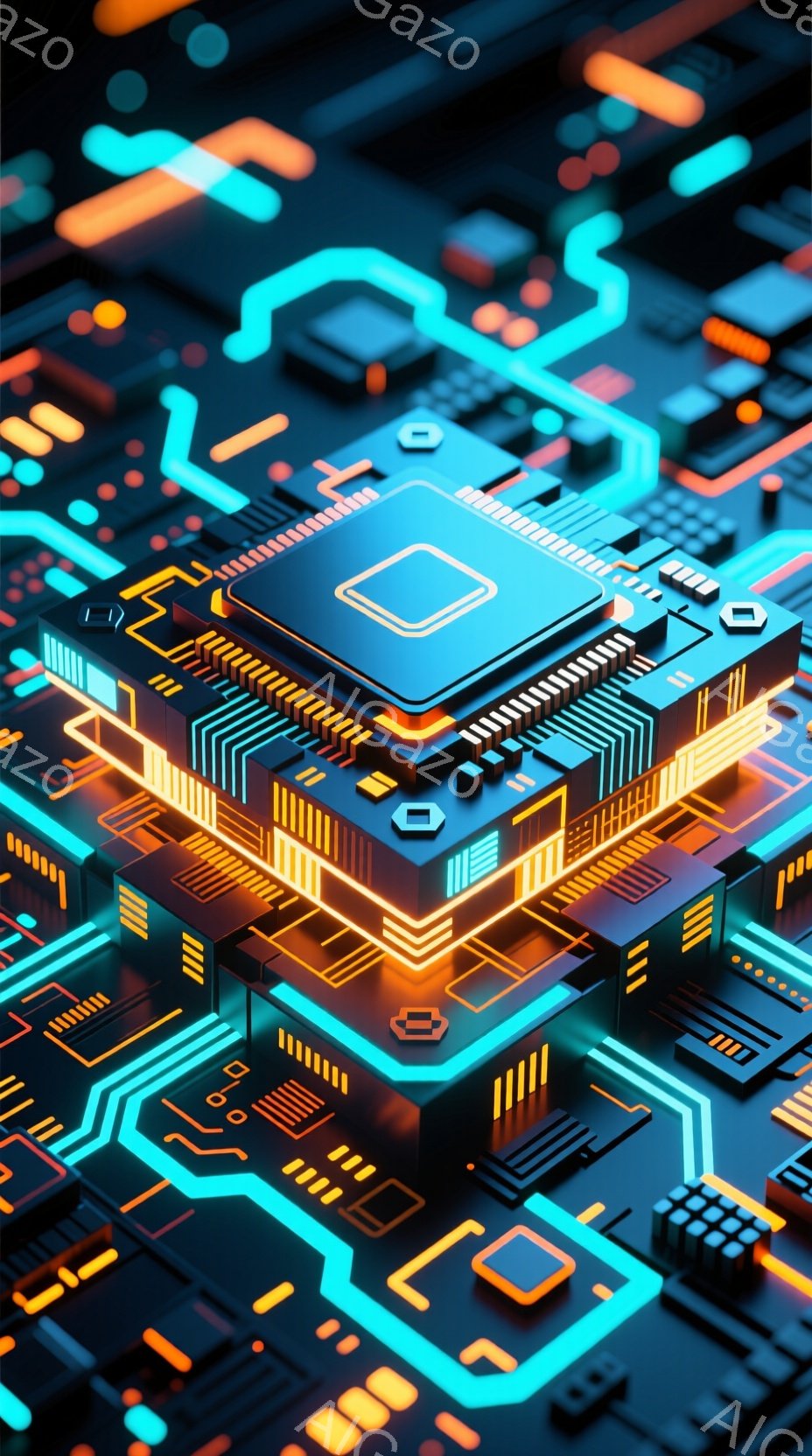 この画像は、鮮やかなネオンカラーの回路基板の複雑な構成を示しており、オレンジ、青、紫の光が光っています。基板は幾何学的な形状で構成され、高度な技術と未来的な雰囲気を醸し出しています。背景は回路パターンが広がり、サイバーパンクな世界観を感じさせます。
