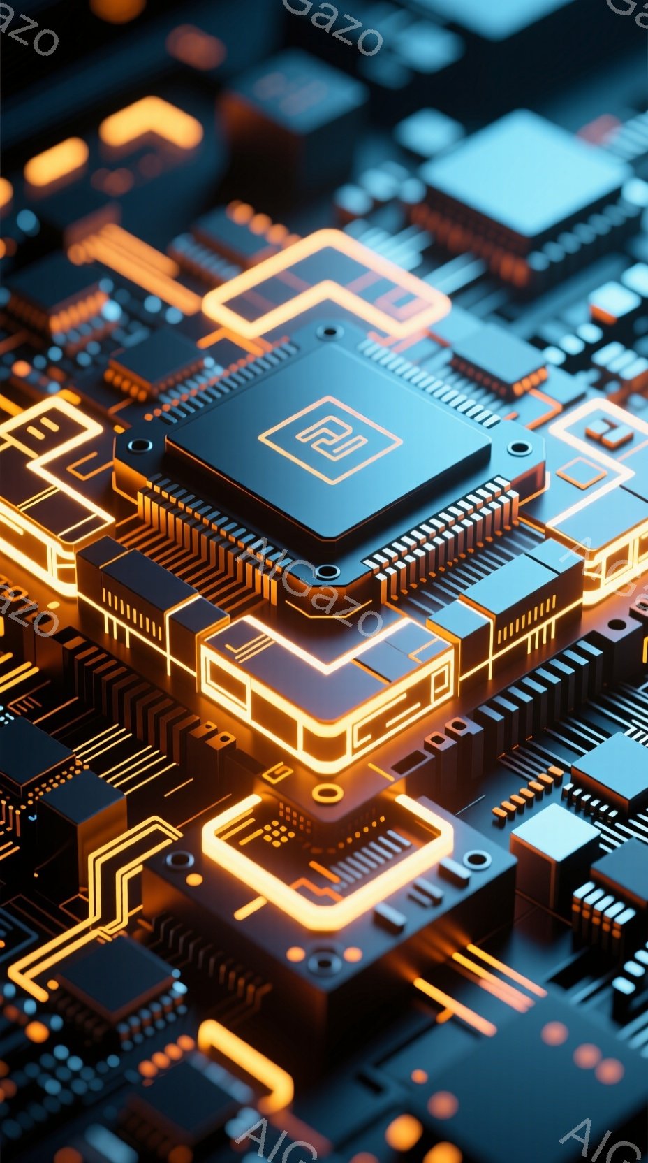 この画像は、回路基板のような複雑な電子部品のクローズアップです。鮮やかなオレンジ色の光が回路パターンを強調し、未来的な印象を与えます。精密な電子部品の配置は、技術革新と計算能力を想起させます。