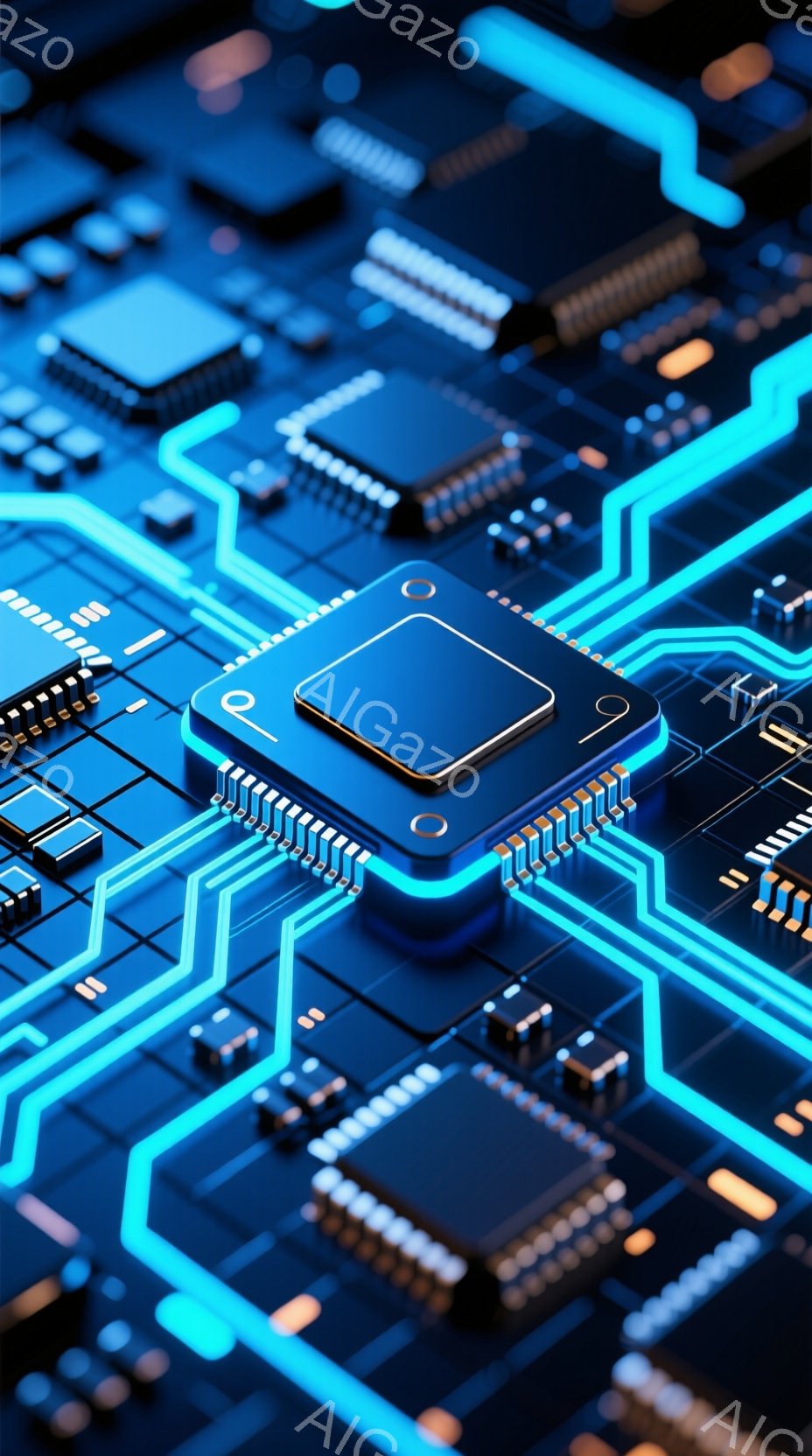 この画像は、複雑な電子回路基板をクローズアップしたものです。鮮やかなネオンブルーのラインが基板上を走り、様々な電子部品が配置されています。中央には発光するチップが強調され、未来的なテクノロジーの雰囲気を作り出しています。