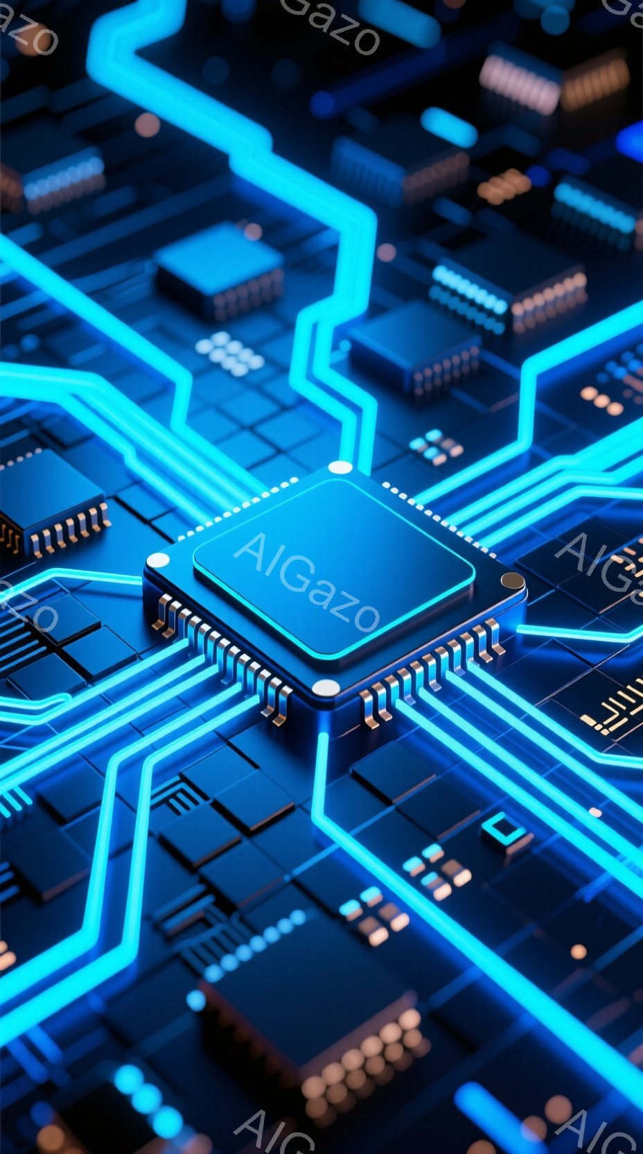 この画像は、青色の回路基板を背景に、中央に配置された発光する青いチップを捉えています。回路は鮮やかな青い光で強調され、未来的なテクノロジーの雰囲気を醸し出しています。チップとその周囲の回路は、高度な技術と処理能力を象徴しています。