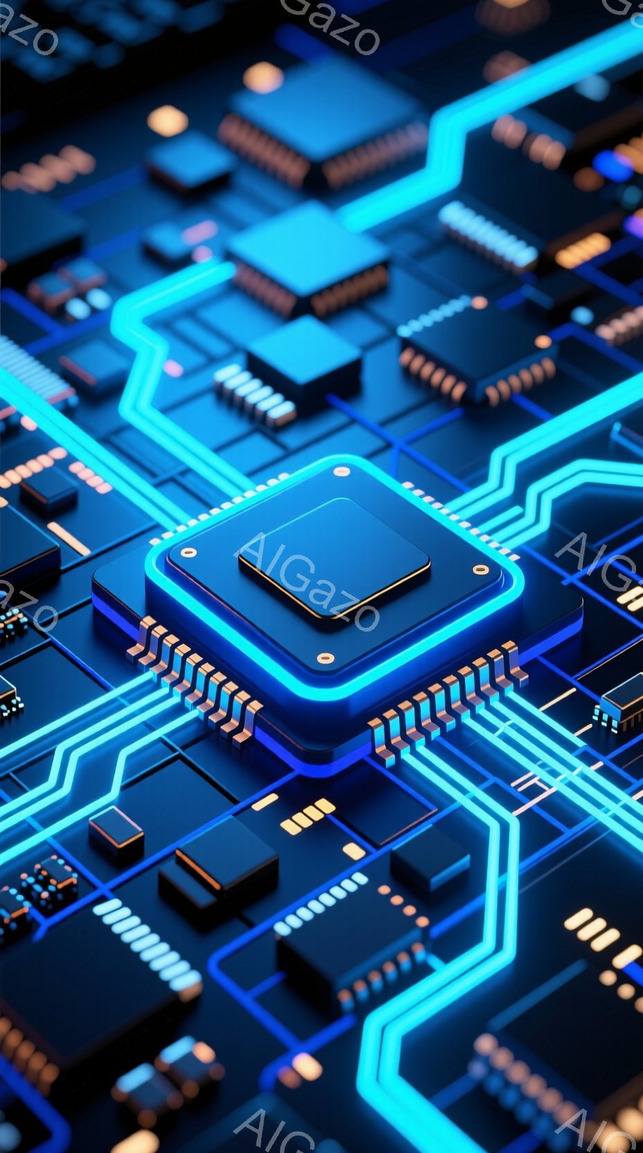 この画像は、青色を基調とした回路基板のクローズアップであり、中央には光る四角いチップが配置されています。基板全体に細い光の線が走っており、未来的な電子機器の内部構造を表現しています。青とオレンジ色のコ - AI生成フリー素材