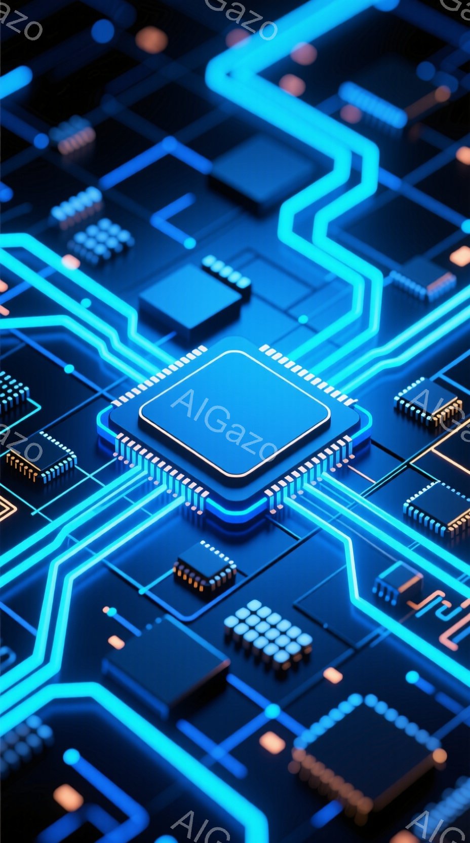 この画像は、青い光を放つ電子回路基板のクローズアップです。中央には、発光する四角いチップが配置され、複雑な配線と小さな電子部品が周囲に広がっています。全体的に未来的な雰囲気で、鮮やかな青とオレンジ色が印象的です。