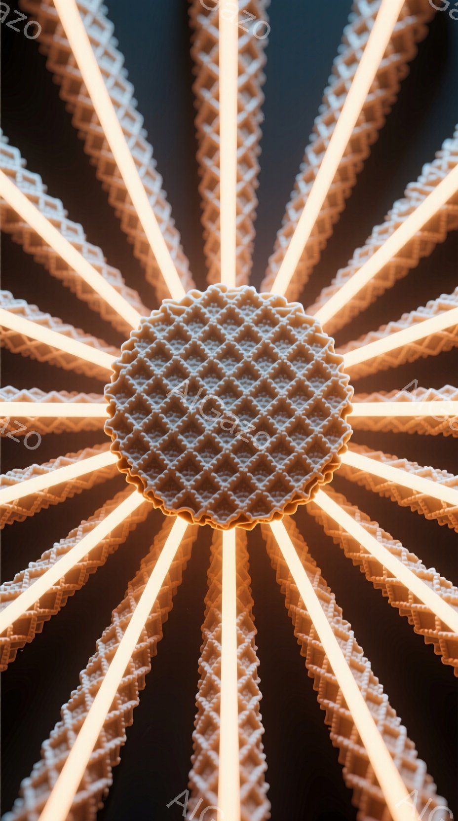 漆黒の背景に、光を放つ幾何学的な構造体が放射状に広がっている。中心部は緻密な網目状の球体で、そこから細長い光の帯が均等に伸び、まるで太陽の光線のような印象を与える。全体的に神秘的で未来的な雰囲気を醸し出しており、強いコントラストが視覚的なインパクトを生み出している。