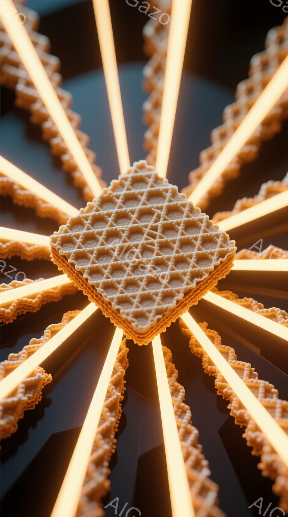 画像は、暗い背景に放射状に配置されたビスケットのような形状のオブジェクトが特徴的です。中央には、より大きな正方形のビスケットがあり、そこから細長いビスケット状の線が光を放ちながら外側に広がっています。全体的に、暖色系の光が照らし出されており、どこか神秘的で幻想的な雰囲気を醸し出しています。