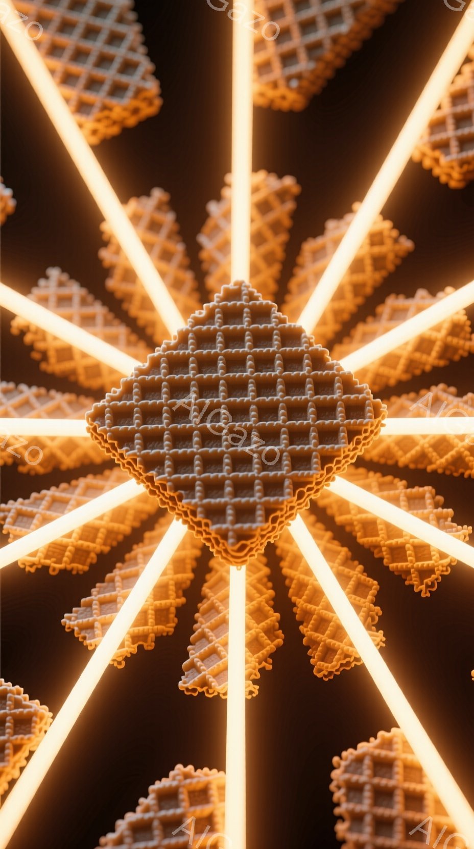 複雑な構造を持つオレンジ色のオブジェクトが、暗い背景に放射状に配置されている。各オブジェクトは、細かく区切られた網目状の表面を持ち、光を反射して輝いているように見える。全体的に、現代アートや科学的なイメージを彷彿とさせる、抽象的でミニマルな構成となっている。