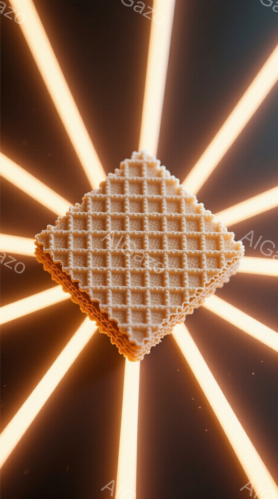 画面中央には、ワッフル状の正方形の物体が浮かんでおり、光沢のある表面が強調されている。背景は暗く、放射状に広がる強い光の筋が、この物体をドラマチックに照らし出している。 全体的に、現代的でミニマルな印象を与え、幾何学的な美しさと光のコントラストが特徴的だ。