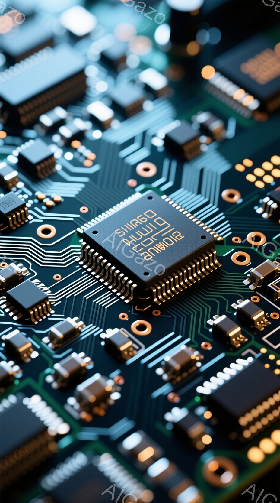 この画像は、プリント基板のクローズアップで、さまざまな電子部品が密集して配置されています。緑色の基板上に、抵抗、コンデンサ、ICチップなどの小型部品が整然と並べられており、複雑な回路を形成しています。全体的に、テクノロジー、電子機器、回路の精密さを強調した、鮮明で詳細なイメージです。