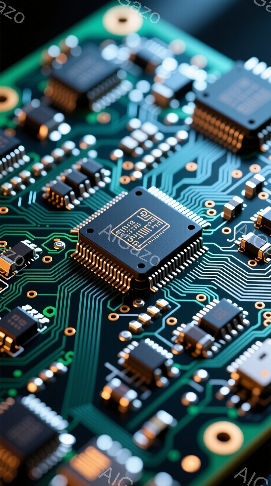 この画像は、緑色の回路基板をクローズアップしたもので、様々な電子部品が密集して配置されています。中央には大型のICチップが配置され、周囲には抵抗やコンデンサなどの小型部品が規則的に並んでいます。基板上の細い配線が複雑なネットワークを形成し、精密な電子機器内部の構造を表現しています。