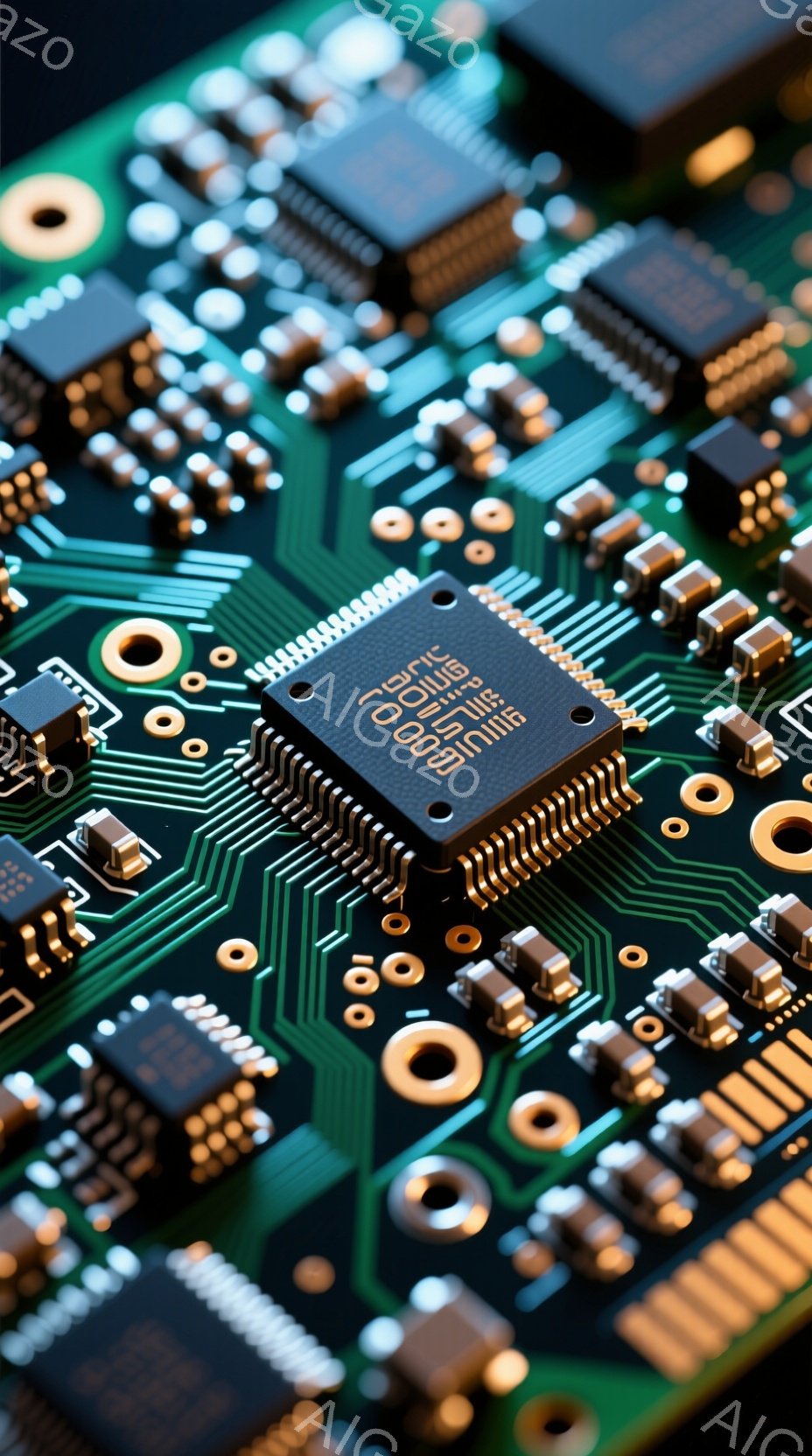 この画像は、緑色の回路基板をクローズアップしたものです。小さな電子部品、抵抗、コンデンサ、そして集積回路が緻密に配置されており、技術的な精密さを強調しています。基板上の金色のパッドやトレースが、鮮やかなコントラストを生み出し、複雑な電子回路の内部構造を表現しています。