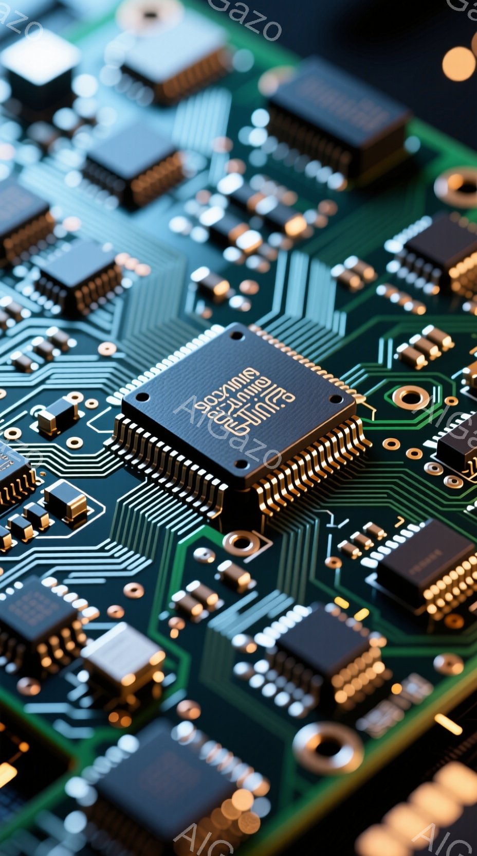 この画像は、緑色のプリント基板をクローズアップしたものです。様々な電子部品、特に黒色の集積回路（IC）や抵抗などが精密に配置されています。基板上の金色の配線や端子が複雑に絡み合い、高度な技術と精密さを感じさせます。