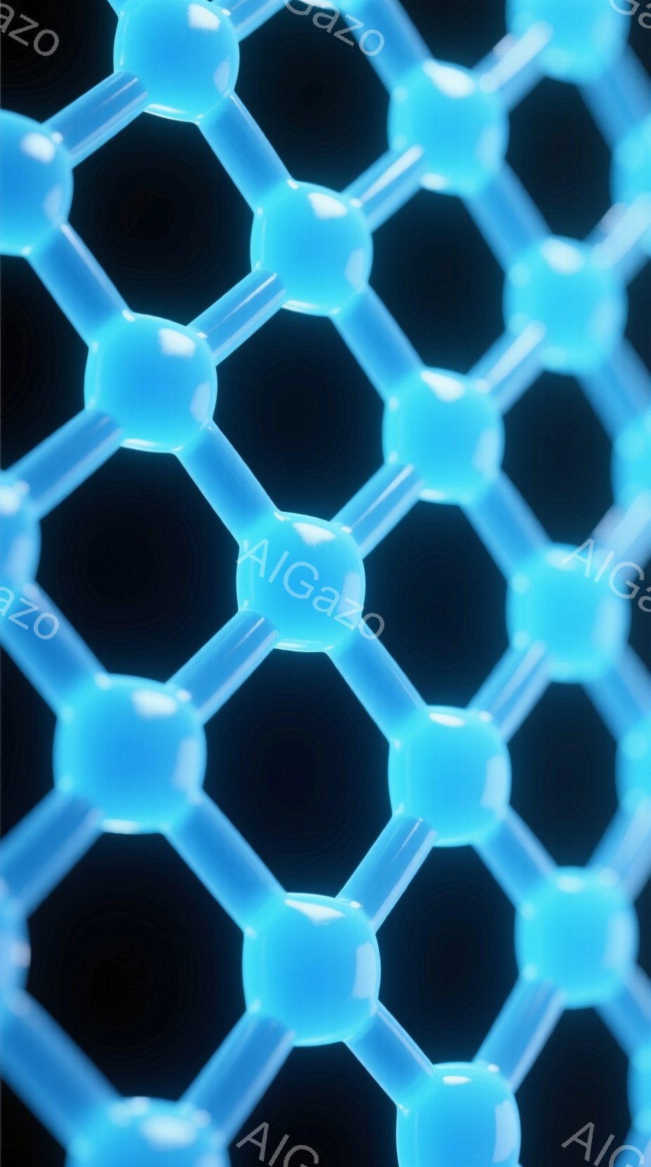 この画像は、明るい青色の六角形が密接に接続された構造を示しています。まるで分子構造やハニカム構造のような、規則的で繰り返されるパターンが特徴的です。背景は暗く、青色の六角形が際立って見えます。