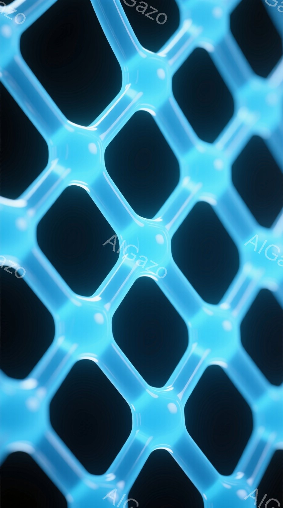 この画像は、明るい水色の立体的な格子状の構造をクローズアップしたものです。各ブロックは滑らかで光沢があり、光を反射して未来的な印象を与えます。暗い背景が、格子状の構造を際立たせています。