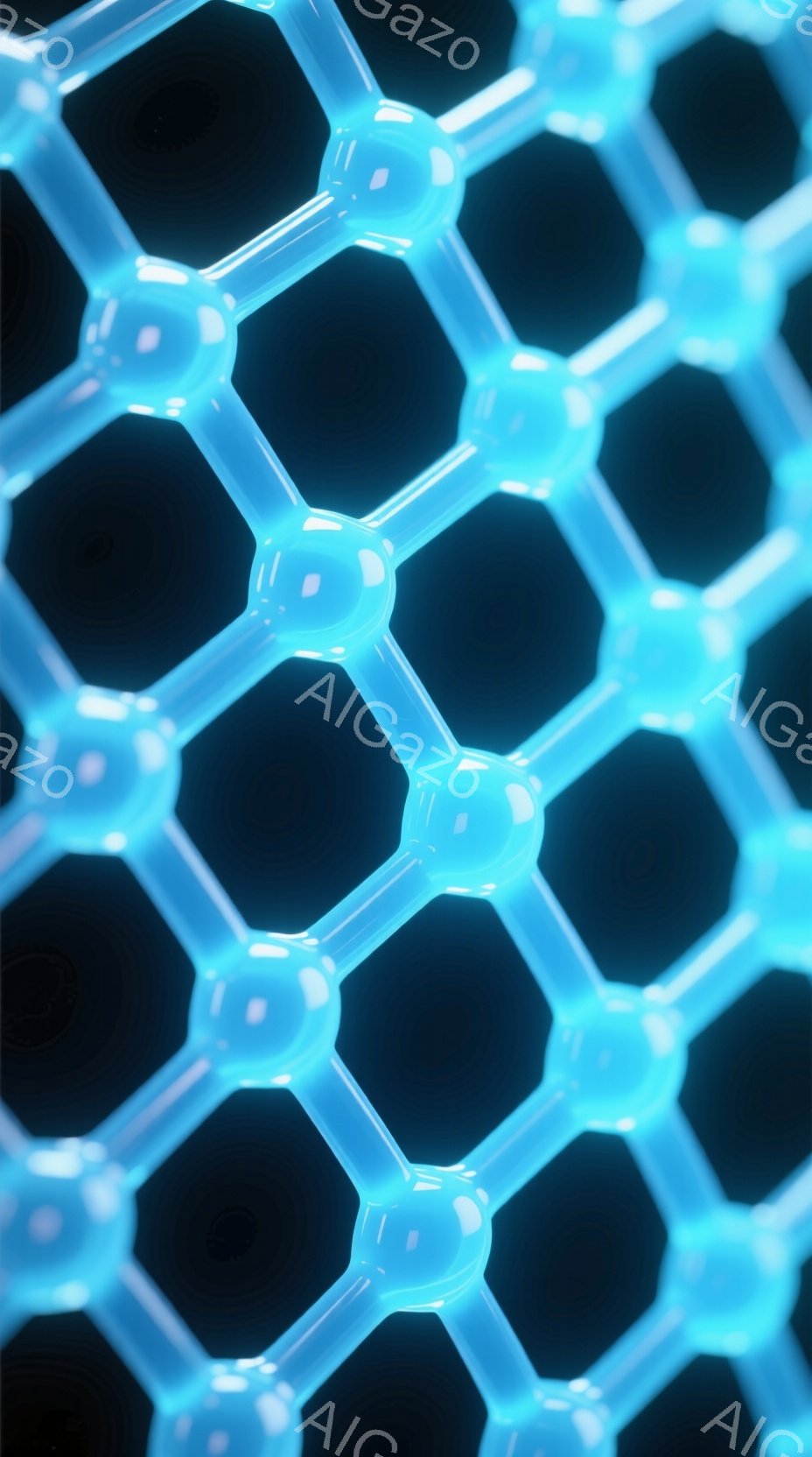 画像は、互いに接続された青い六角形のグリッド構造を示しており、まるで分子構造やハニカム構造のようです。青色の発光効果は、未来的な科学技術のイメージを喚起し、暗い背景がその発光を強調しています。全体として、精密で技術的な雰囲気を持つ抽象的な画像です。