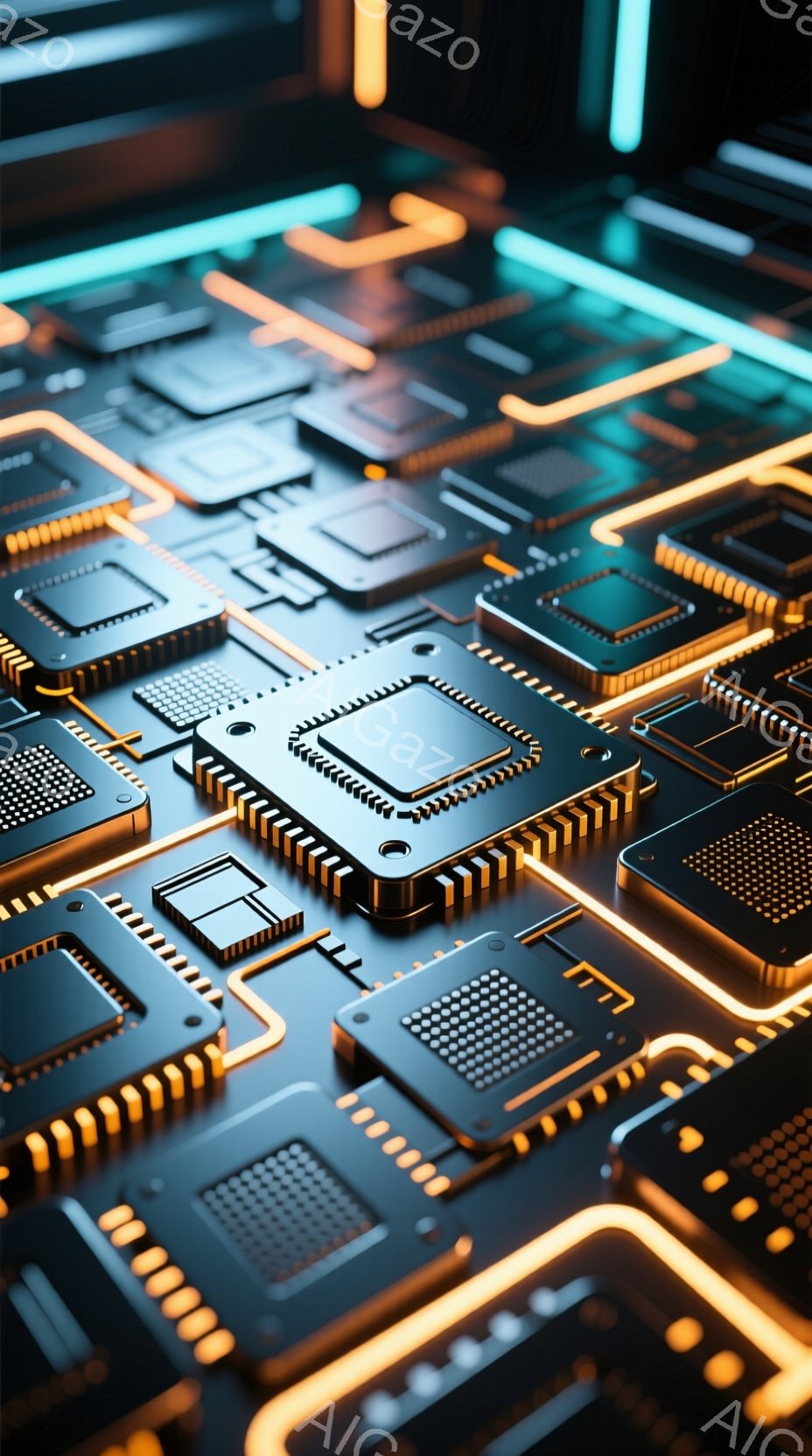 この画像は、複雑な回路基板をクローズアップしたもので、鮮やかなネオンブルーとゴールドのラインが組み合わさって未来的な印象を与えています。基板には多数のマイクロチップや電子部品が精密に配置されており、光沢のある表面が反射して、テクノロジーの進歩を象徴するような光景を作り出しています。全体的にクールで洗練された雰囲気で、サイバーパンクやSFの世界観を彷彿とさせます。