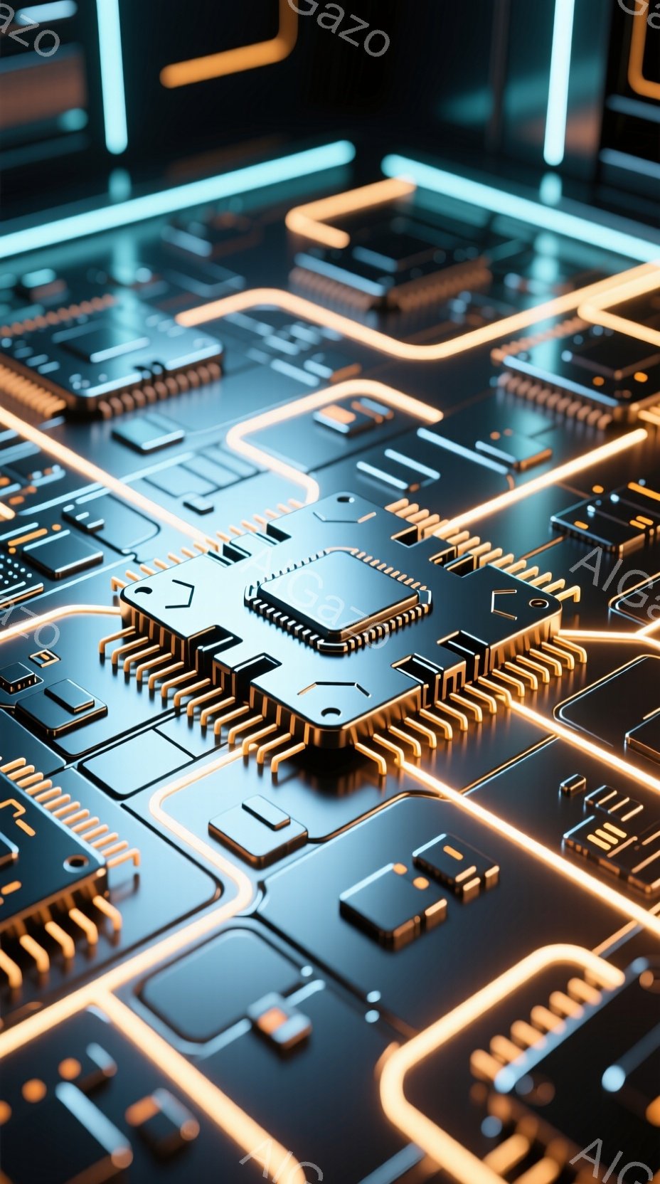 この画像は、複雑な電子回路基板をクローズアップしたものです。金色の線が青黒い基板上を網の目のように走り、中央には銀色のマイクロチップが配置されています。全体的に未来的なテクノロジーを象徴する、鮮やかな色彩と精密なディテールが印象的です。