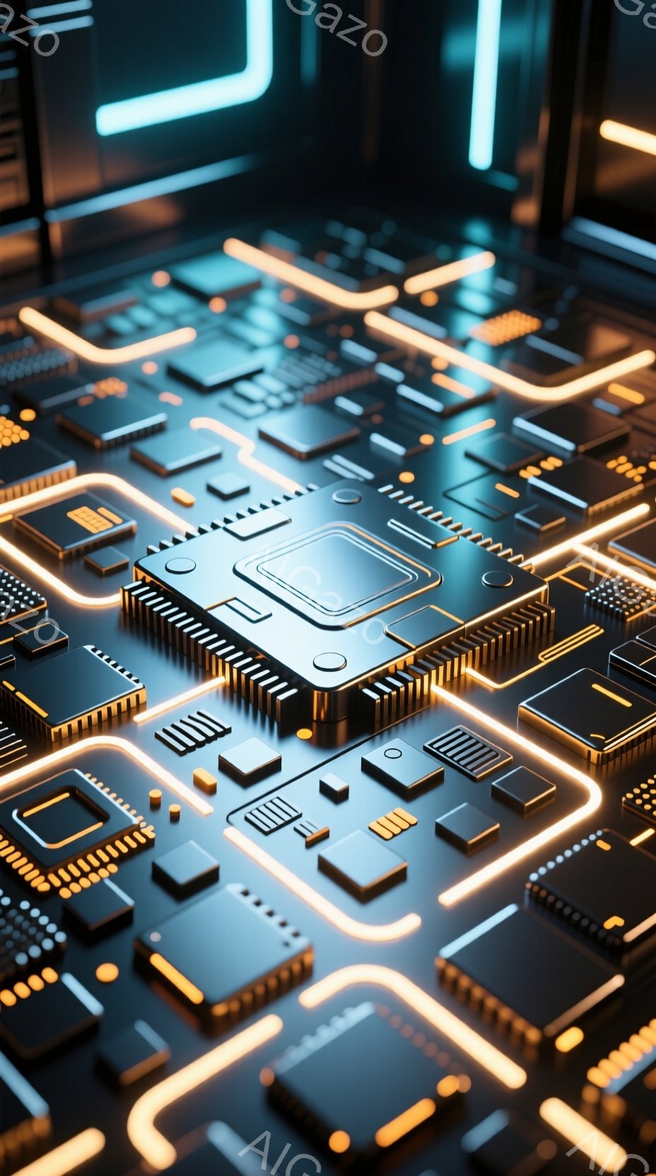 この画像は、複雑な電子回路基板をクローズアップしたものです。金色のラインが回路を縁取り、黒い基板とコントラストをなしています。鮮やかな光が回路に沿って流れ、未来的な技術の雰囲気を醸し出しています。