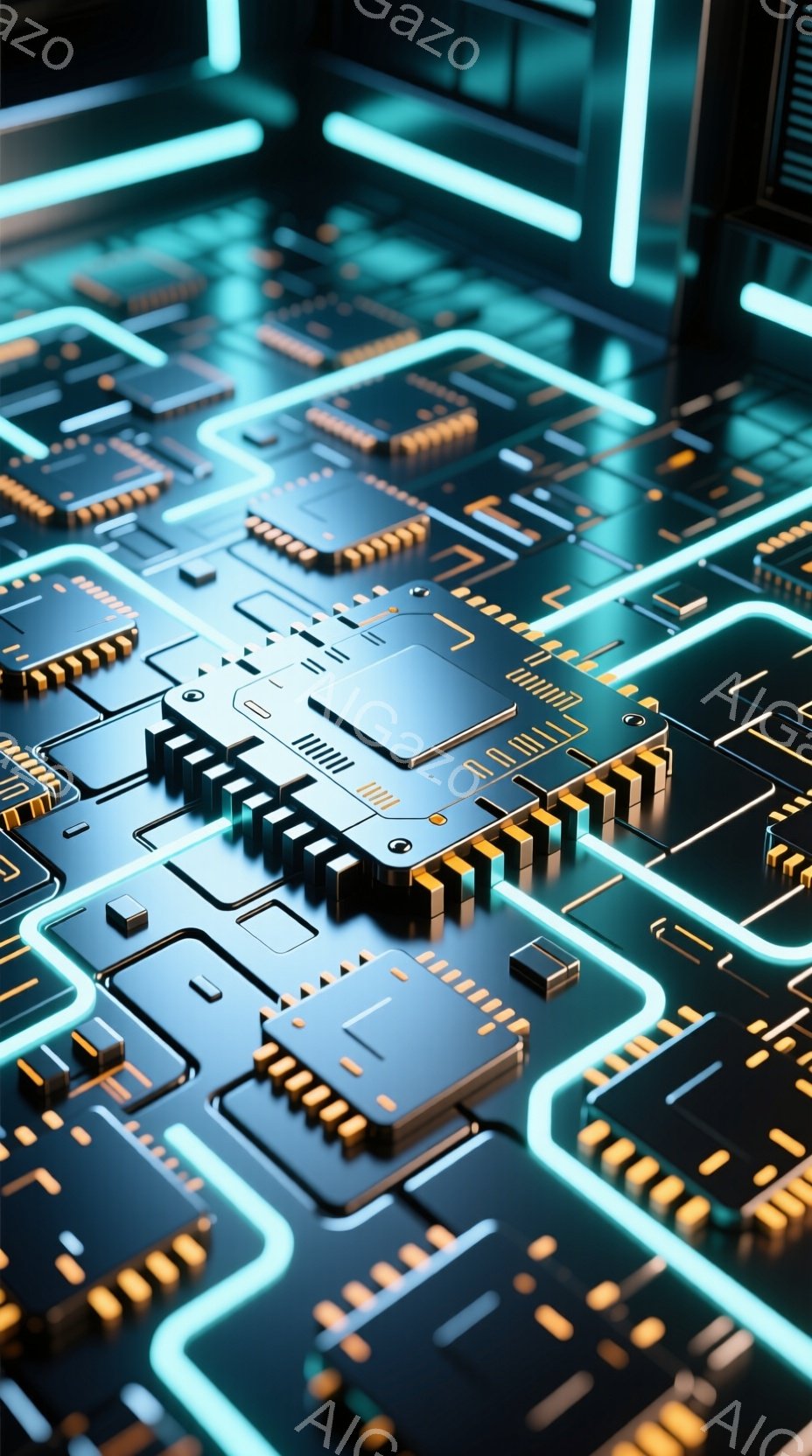 この画像は、複雑な電子回路基板をクローズアップしたものです。金色のチップや配線が青色の光るラインで接続されており、未来的な印象を与えます。全体的に、精密さとテクノロジーの進歩を感じさせる、クールで洗練された雰囲気です。