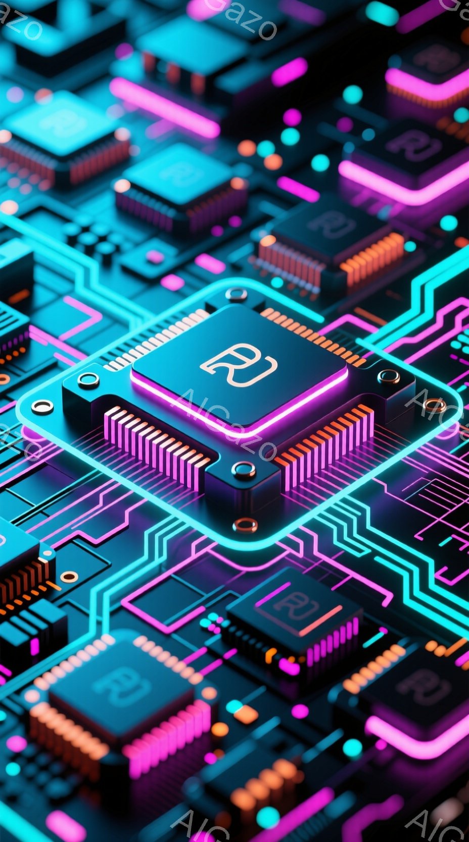 この画像は、紫と青のネオンカラーで描かれた回路基板のクローズアップです。中央には、発光する文字「R」が刻まれた高性能なチップが配置され、周囲には複雑な配線が広がっています。全体的に未来的な雰囲気を醸し出し、テクノロジーの進歩を視覚的に表現しています。