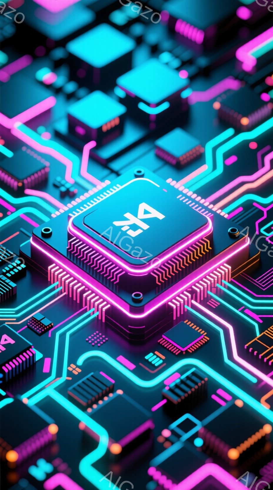 この画像は、鮮やかなネオンカラーの回路基板をクローズアップしたものです。中心には光る紫色のチップが配置され、複雑な回路パターンが基板全体に広がっています。全体的に未来的な、テクノロジーを感じさせる雰囲気です。
