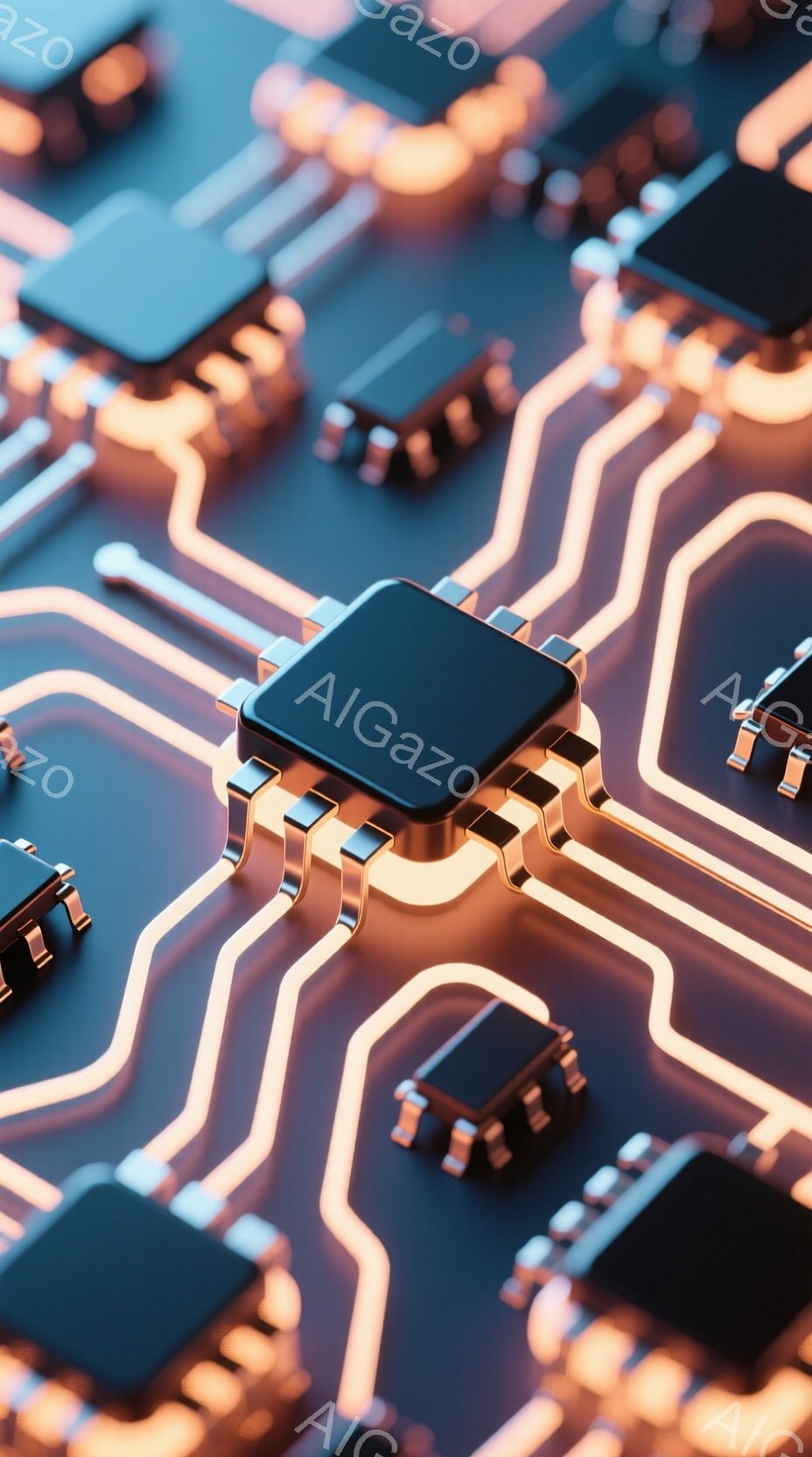 鮮やかなオレンジ色の回路が複雑に絡み合い、黒い四角いICチップが配置された基板のクローズアップです。回路は光を放ち、チップは金属的な光沢を帯びています。全体的に未来的な雰囲気で、テクノロジーと精密さを感じさせる画像です。