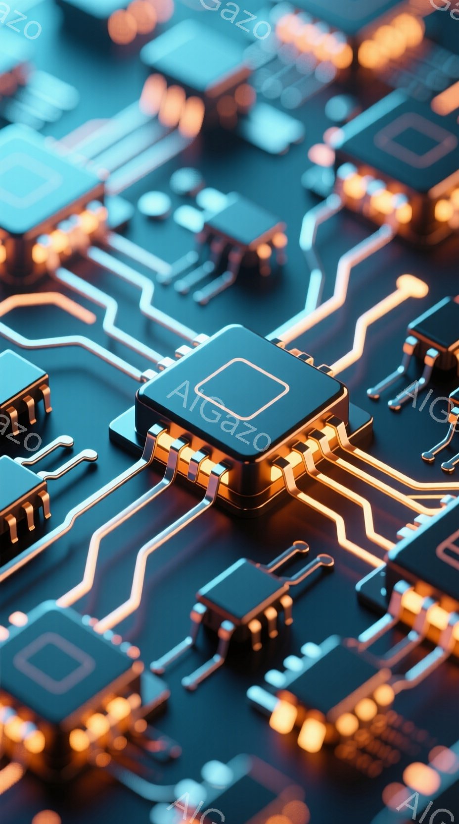 この画像は、電子回路基板のクローズアップで、金色の配線が青色の基盤上を複雑に走っています。黒色の四角いチップが散りばめられ、光沢のある金属製のピンがチップから伸びています。全体的に、未来的なテクノロジーやコンピューターサイエンスを想起させる鮮やかな色彩と複雑なデザインが特徴です。