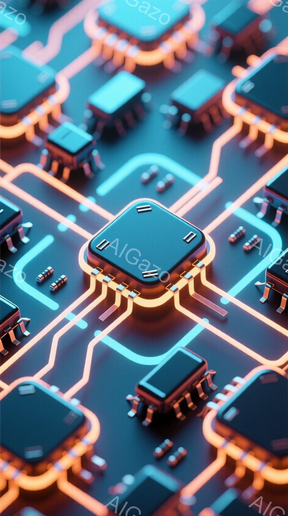 この画像は、青色の基板上に配置された電子部品のクローズアップです。金色の配線が複雑に絡み合い、部品間をつなげています。全体的に未来的な雰囲気で、テクノロジーや回路を想起させます。