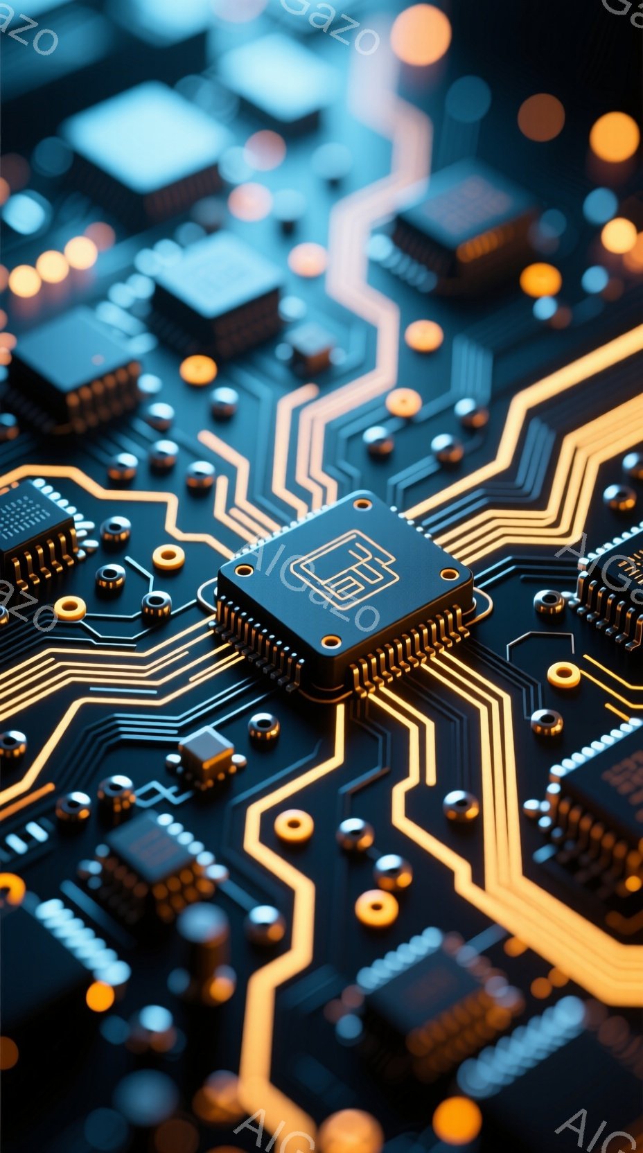 この画像は、複雑な回路基板をクローズアップしたものです。金色の配線が黒い基板上を走り、様々な電子部品が配置されています。鮮やかな色彩と細部まで表現されたディテールは、近未来的なテクノロジーの雰囲気を醸し出しています。