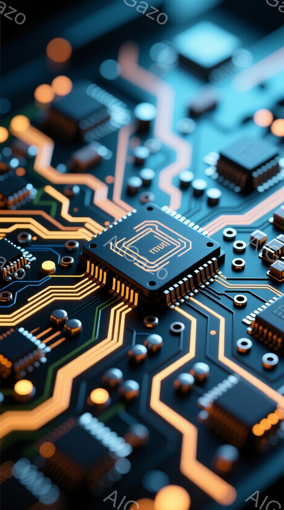 この画像は、複雑な回路基板をクローズアップしたものです。金色の配線が鮮やかな緑色の基板上を網の目のように走り、様々な電子部品が配置されています。全体的に高技術で未来的な印象を与え、電子機器内部の精密さを表現しています。