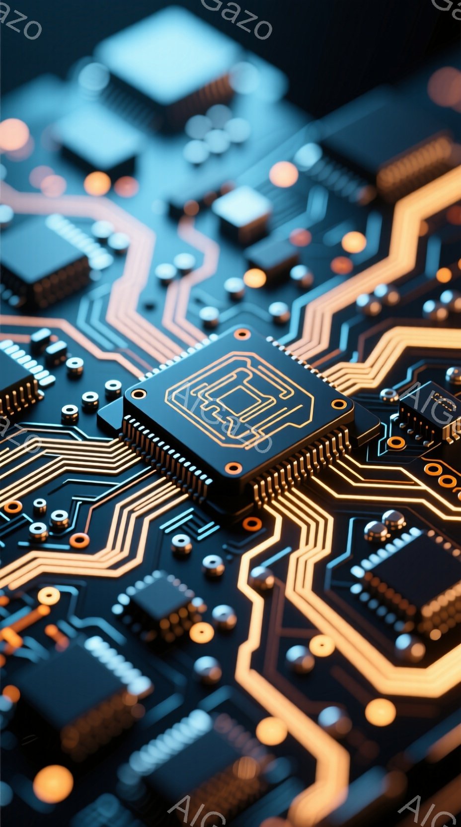 この画像は、複雑な回路基板をクローズアップしたものです。金色の線が黒色の基板上を網の目のように走り、小さな電子部品が規則的に配置されています。全体的に未来的な印象を与え、テクノロジーの進歩を象徴しているように見えます。