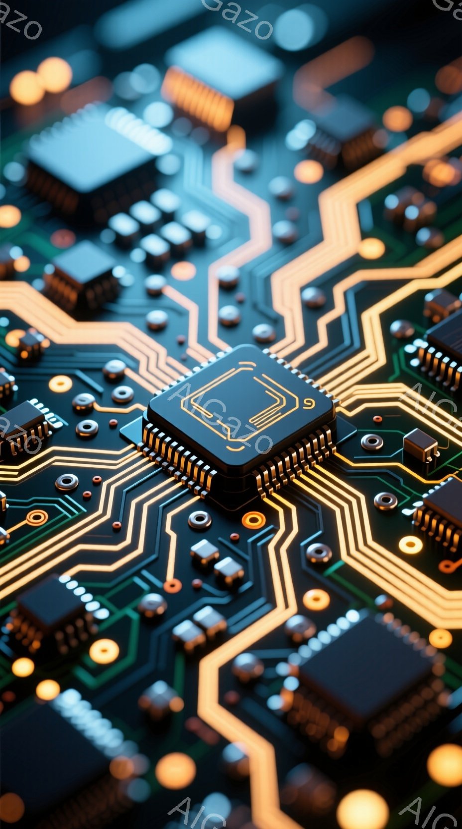 この画像は、複雑な電子回路基板をクローズアップしたものです。金色の配線が緑色の基板上を網の目のように走り、様々な電子部品が配置されています。鮮やかな光が反射し、高度な技術と精密さを感じさせる、未来的な雰囲気です。