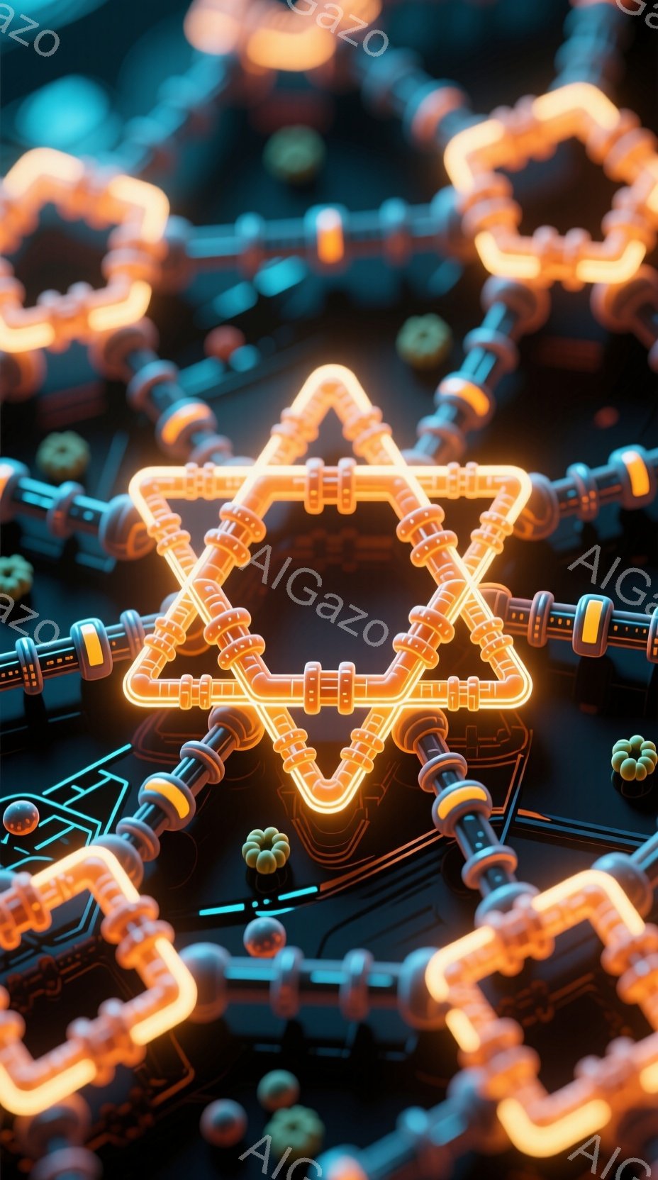 鮮やかなオレンジ色のパイプが複雑に絡み合い、中心に光る星形を形作っています。背景には、同様のパイプ構造が広がり、未来的なテクノロジーの印象を与えます。全体的に、暖かく、エネルギッシュで、機械的な美しさを感じさせるイメージです。