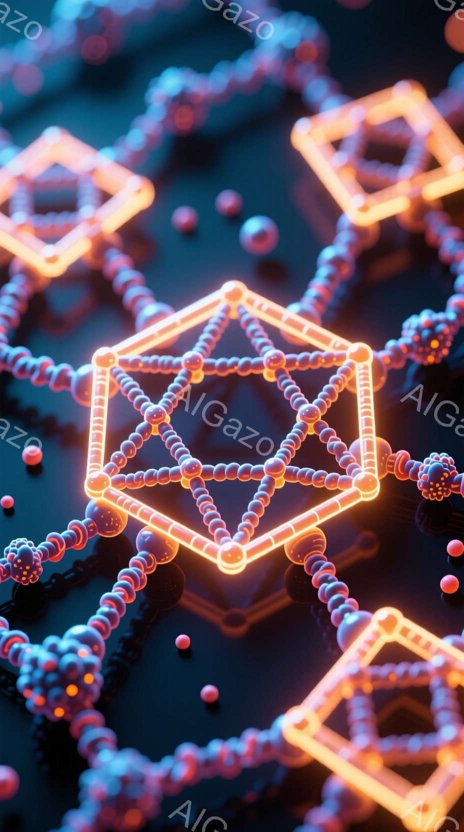 鮮やかなネオンオレンジの線で構成された正多面体（切頂八面体）が、暗い背景に浮かび上がっています。背景には、同様のオレンジ色の球体と線が連なっており、複雑なネットワークを形成しています。全体的に未来的な科学的な雰囲気で、分子構造やテクノロジーを連想させます。