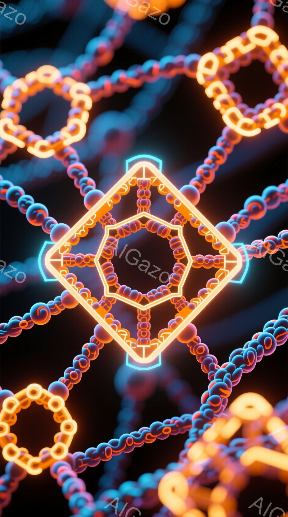 鮮やかなオレンジ色の幾何学模様が、濃い青色のねじれた鎖状の構造に囲まれた抽象的なイメージです。中心には、発光する多角形が配置され、背景の暗闇の中で際立っています。全体として、科学的または未来的な雰囲気を醸し出しており、エネルギーの流れや分子構造を連想させます。