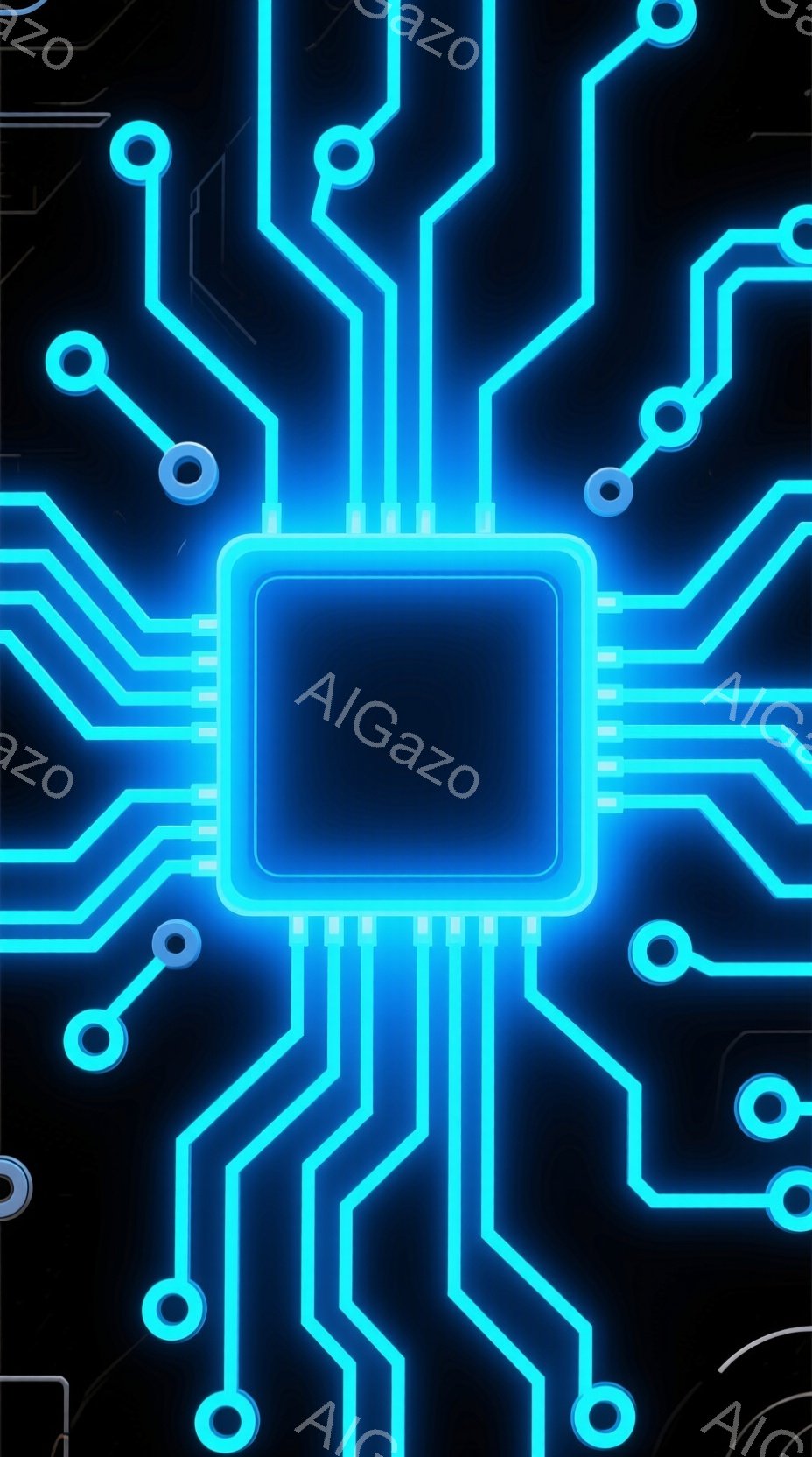 この画像は、黒い背景に青く光る回路図のようなパターンが描かれています。中央には長方形のチップのようなものが配置され、そこから放射状に細い線が伸びています。全体的に未来的なテクノロジーを感じさせる、クールでミニマルな雰囲気です。