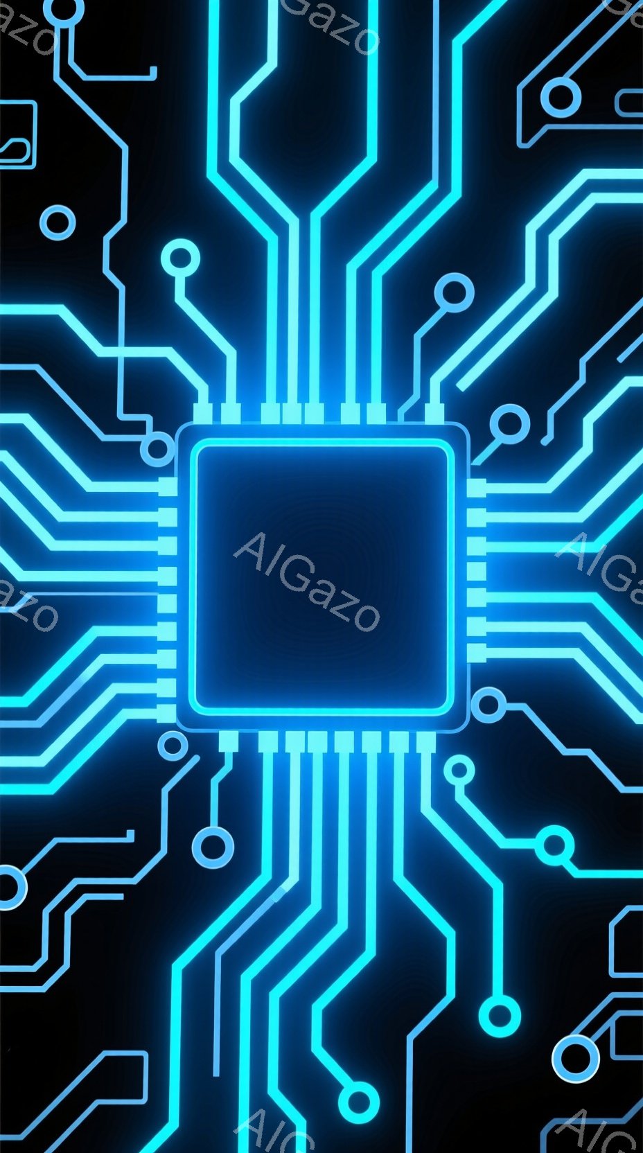 鮮やかな青色の回路が黒い背景に描かれており、中心には発光する四角形のチップが配置されています。回路線は複雑に交差し、チップから放射状に広がっており、未来的な技術や電子機器を連想させるデザインです。全体 - AI生成フリー素材